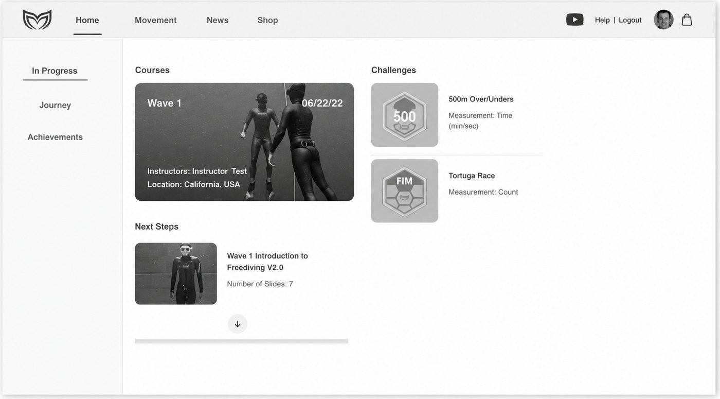 Student dashboard showing a course in progress, next steps and freediving challenges