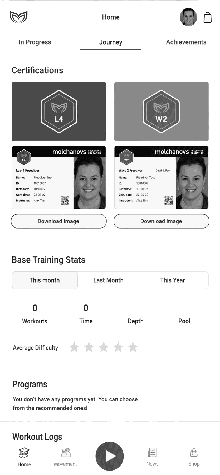 Journey tab on mobile showing earned certification cards, training stats and workout logs