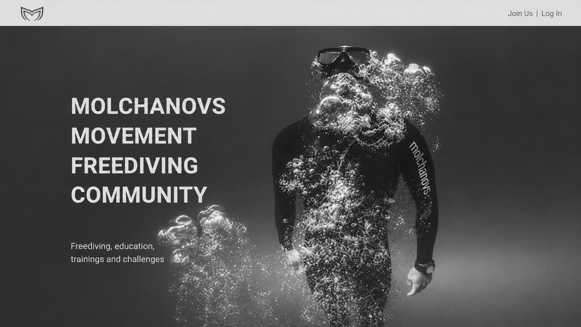 Molchanovs Move landing page: a freediver in a wetsuit surrounded by bubbles