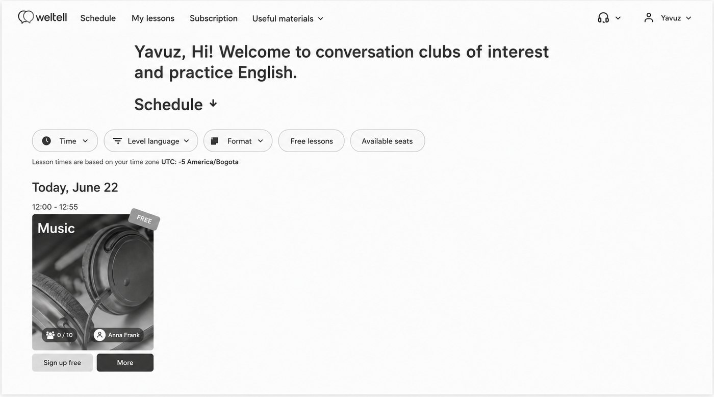 Schedule of speaking clubs by topic, with filters for time, level and format