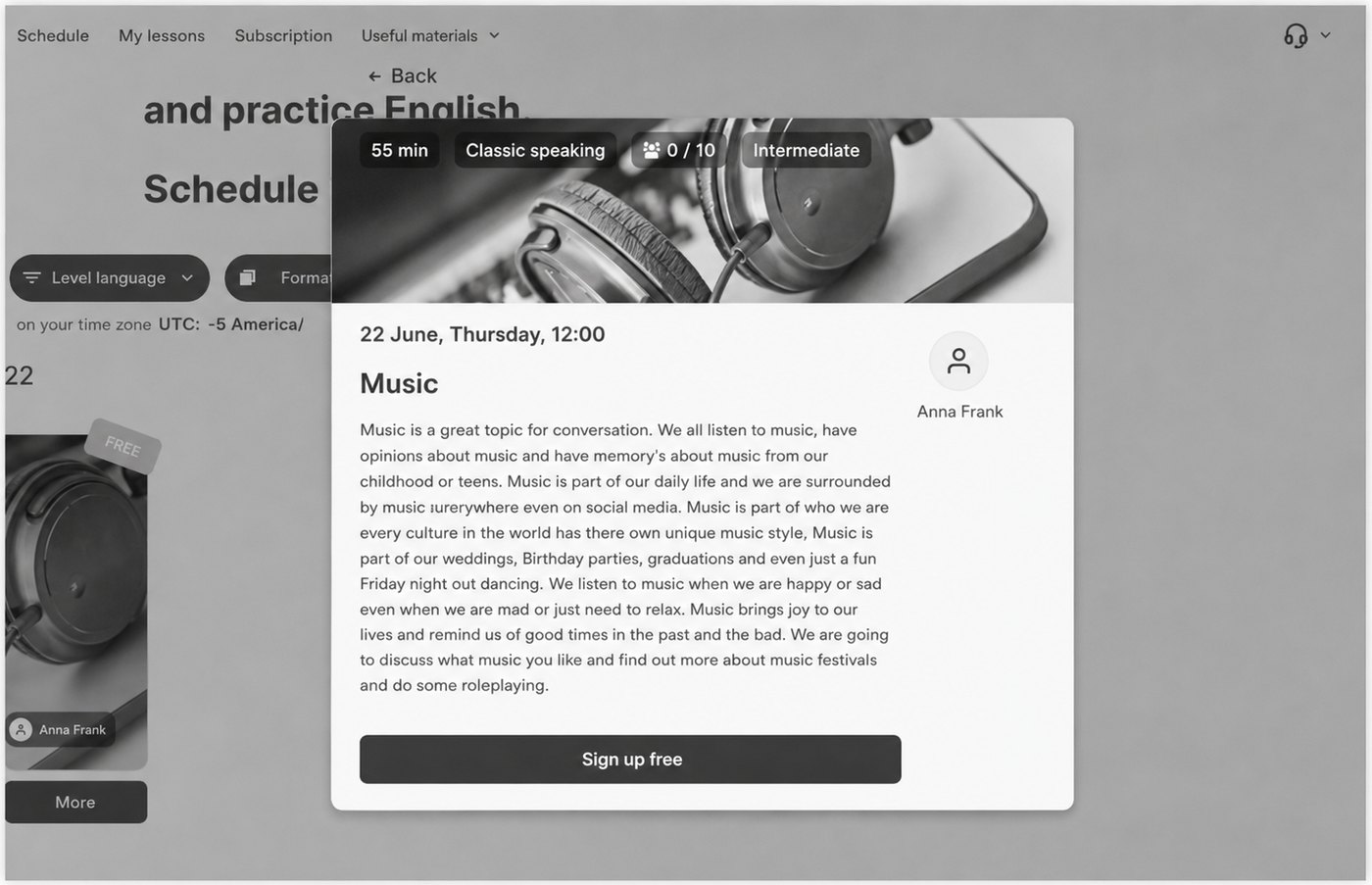 Lesson detail modal showing topic, duration, level and format before booking
